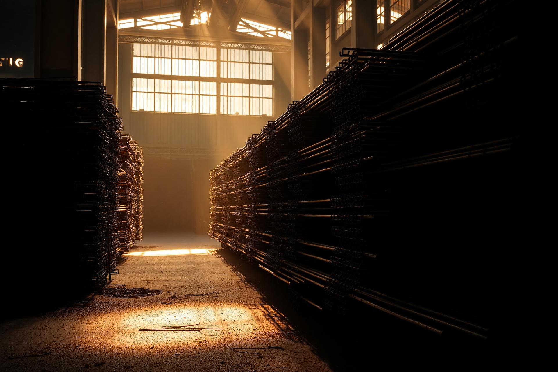Reinforcing steel rebar stacked in Neekan's warehouse